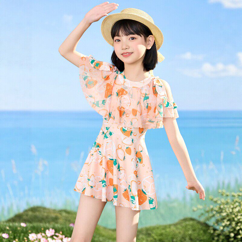 法国BERYDIA女孩连体泳衣夏季2026甜美网纱裙式游泳衣中大童泳装