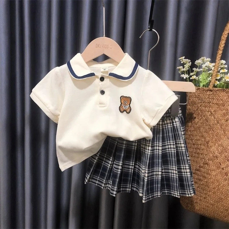 英国DHWA女童套装裙洋气jk制服两件套儿童女宝宝夏装纯棉学院风潮