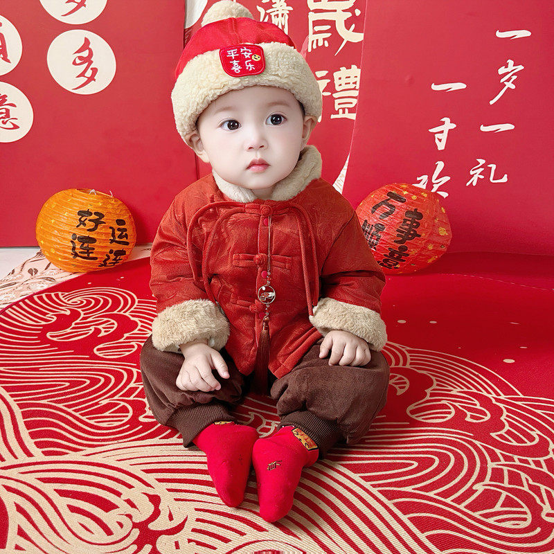 法国BADNUT宝宝礼服冬季2025新款男童红色拜年服婴儿中式唐装套装