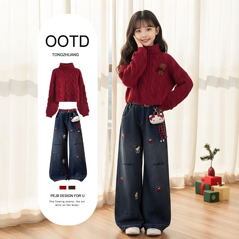 法国BADNUT女童毛衣套装秋冬2025新款儿童红色加绒大童过年两件套