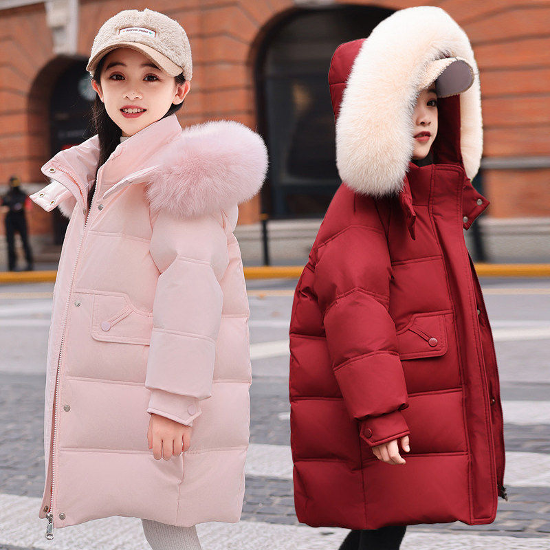 英国DHWA红色女童拜年羽绒服冬季2025新款韩版中长款加厚儿童外套