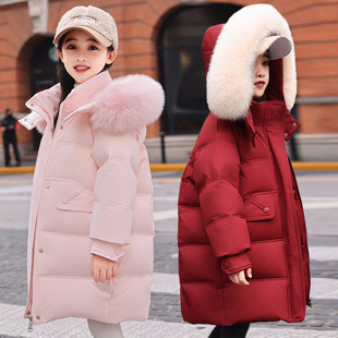 英国DHWA红色女童拜年羽绒服冬季2025新款韩版中长款加厚儿童外套