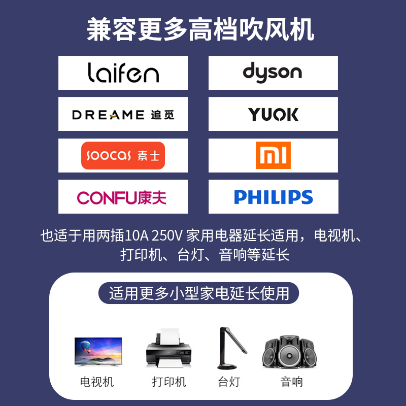 laifen徕芬莱芬吹风机风筒加长线理发店廊两插电源转接延长线