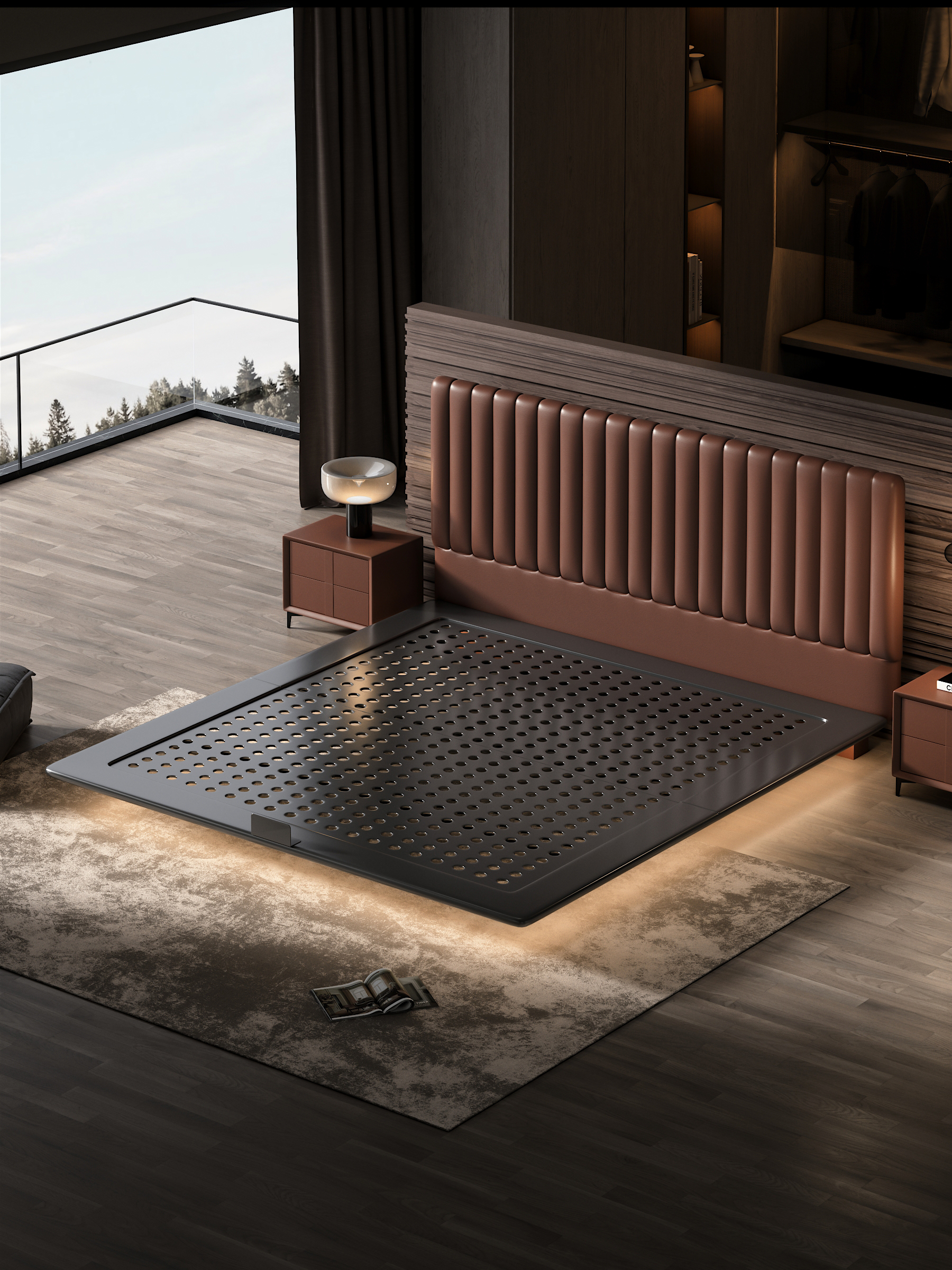 薄床床铁碳钢框架意大利无障碍豪华悬挂双人床真皮层牛皮主卧室婚