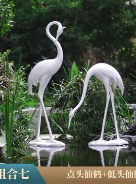 新中式仿铜仙鹤雕塑水池造景玻璃钢园林景观装饰户外丹顶鹤大摆件