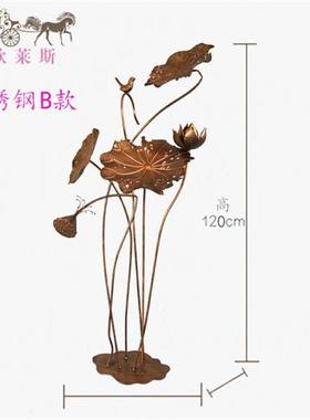 不锈钢荷花金属雕塑摆设庭院水景落地摆件酒店水池铁艺荷叶装饰品