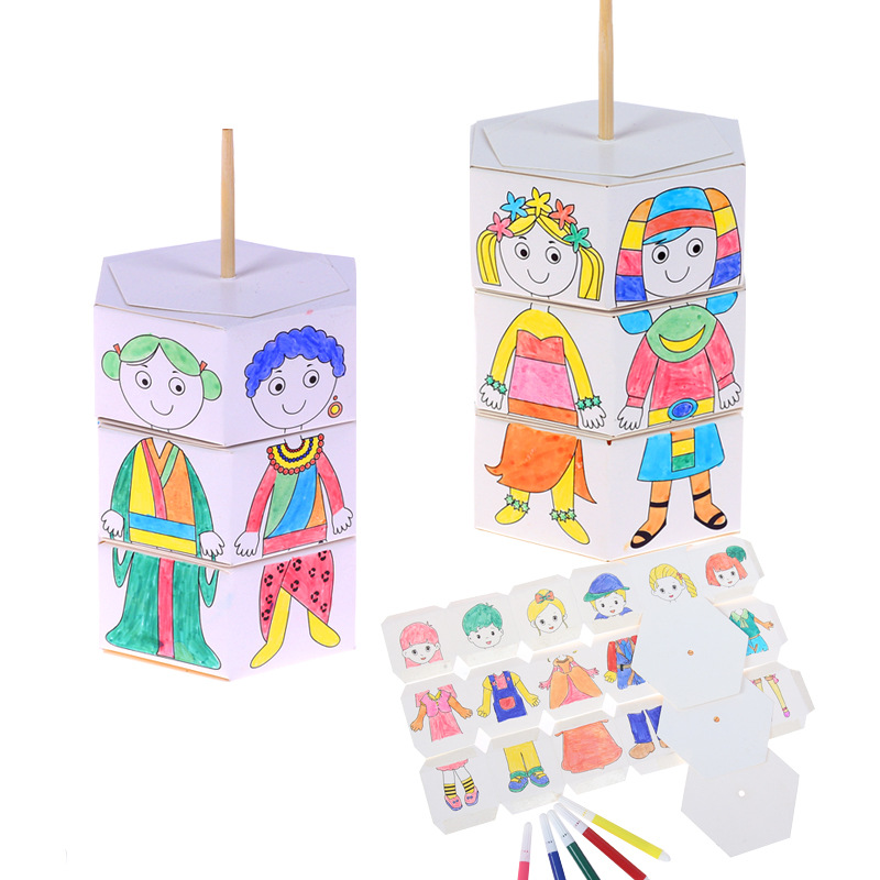 儿童旋转换衣服水彩画 手工制作DIY彩绘填色换装涂鸦画 送水彩笔