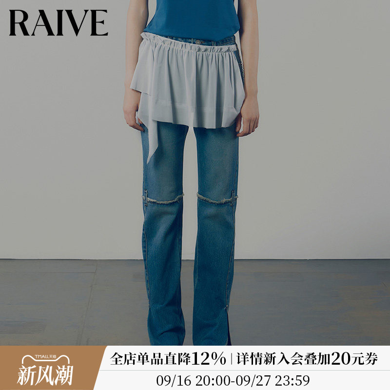 RAIVE膝盖撕边直筒复古蓝牛仔裤图片