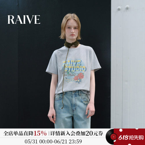RAIVE晕染字母玫瑰印花宽松短袖T