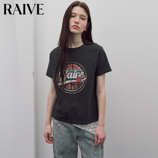 RAIVE2026春季 T恤 女印花蓝色灰色复古圆领花卉图案宽松短袖