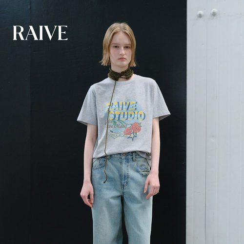 RAIVE晕染字母玫瑰印花宽松短袖T