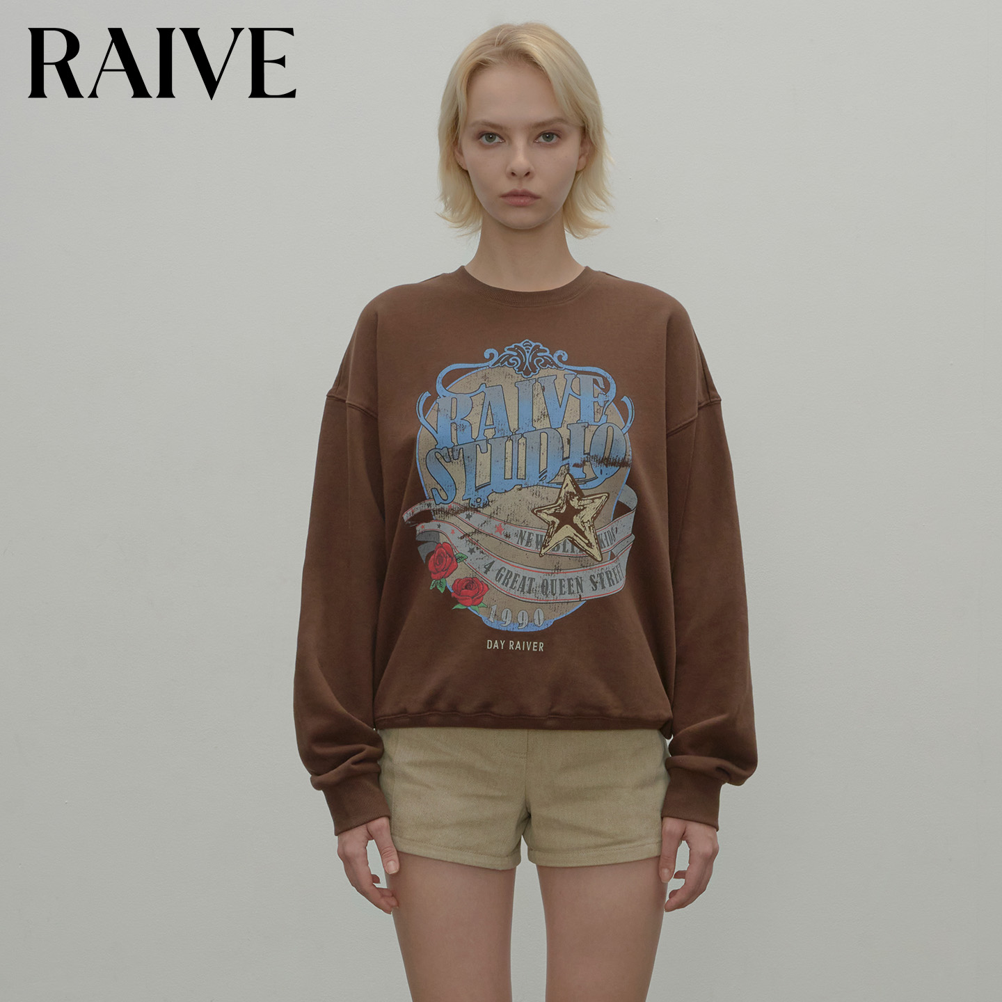RAIVE玫瑰印花全棉圆领套头卫衣