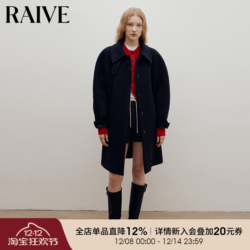 RAIVE复古小翻领中长款毛呢外套