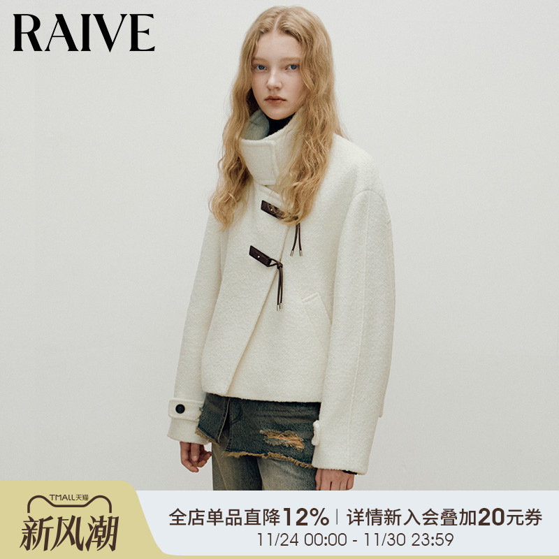 RAIVE皮革扣复古毛呢外套