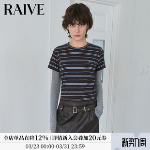 女上衣复古圆领长袖 2026春季 RAIVE假两件条纹衫 T恤 博主同款