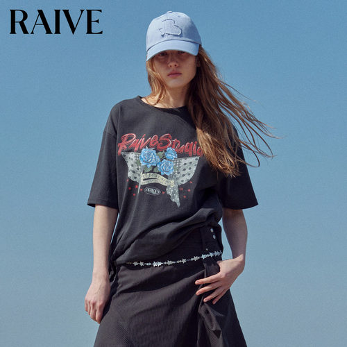 RAIVE波点飘带玫瑰印花短袖T恤