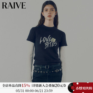 RAIVE2026流行女修身圆领上衣玫瑰花卉英文印花短袖毛针织衫