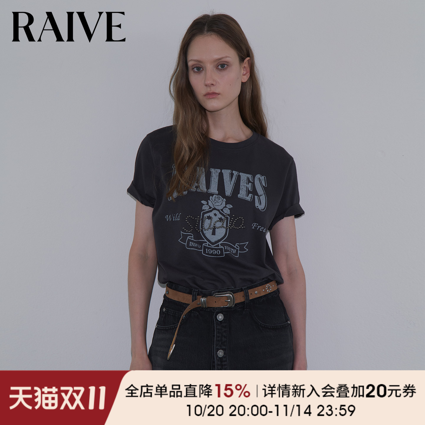 RAIVE玫瑰徽章logo印花T恤