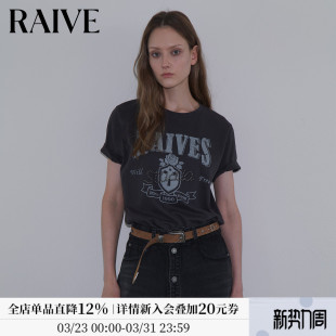 RAIVE2026春冬新款 玫瑰徽章logo印花正肩铆钉复古棕灰叠搭韩系T恤
