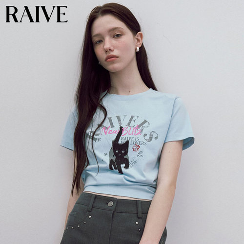 RAIVE小黑猫图案印花T恤