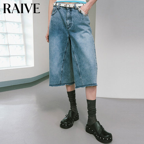 RAIVE复古口袋斜切线短裤牛仔裤