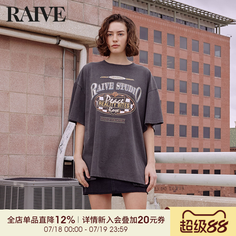 RAIVE宽松棋盘格复古印花短袖T恤