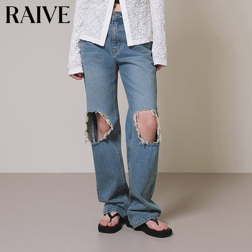 RAIVE微喇破洞复古蓝色牛仔裤