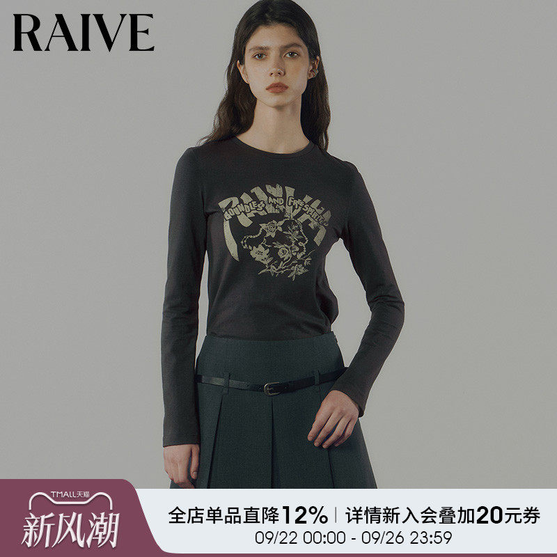 RAIVE2025春新款女英文花卉印花细节打底衫舒适上衣圆领长袖T恤
