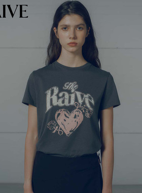 RAIVE甜心T恤2026春季女上衣韩系logo爱心印花灰色红色圆领短袖