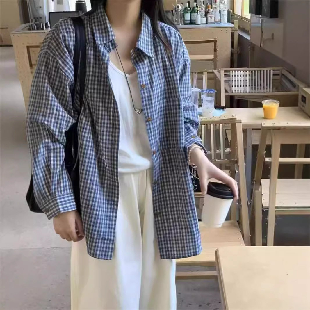 复古蓝色长袖格子衬衫女早秋
