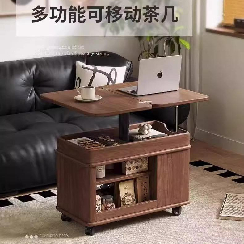 实木客厅沙发边几可移动升降折叠茶几边柜旋转小推车角几花架置物