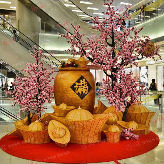 谷瑞工艺商场春节美陈春节桃树元宝场景装饰大型场景美陈布置