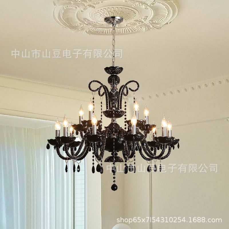 法式客厅吊灯复古水晶灯黑色中古主灯高级感设计师主卧室灯具