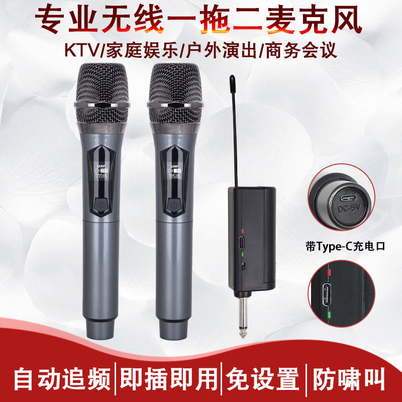 专业一拖二充电式无线麦克风家用唱歌广场舞户外舞台KTV直播话筒