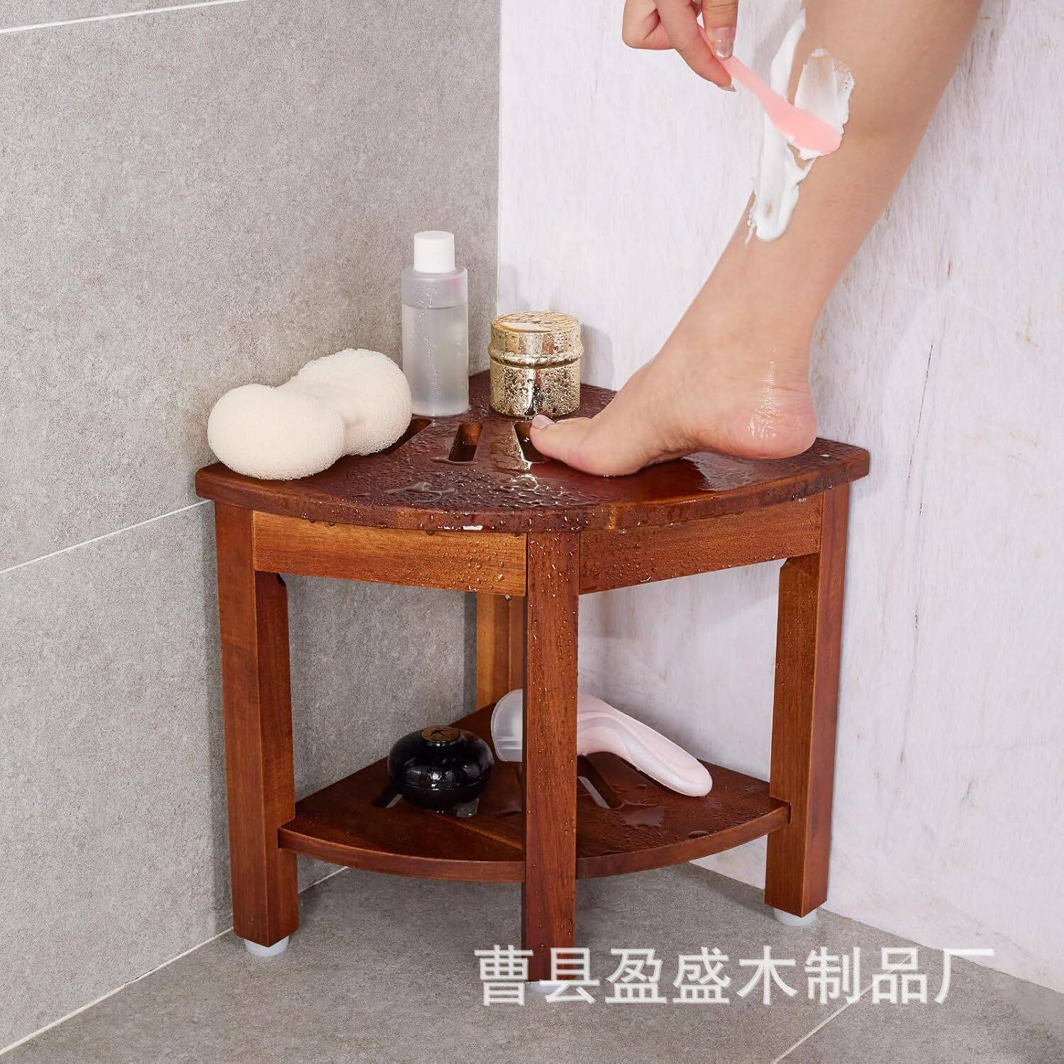实木淋浴凳浴室卫生间防水淋浴座椅双层洗漱用品储物架家用三角凳