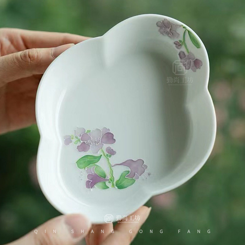 手绘白瓷铃兰花海棠壶承茶具配件盖碗底托干泡盘陶瓷点心盘干果碟