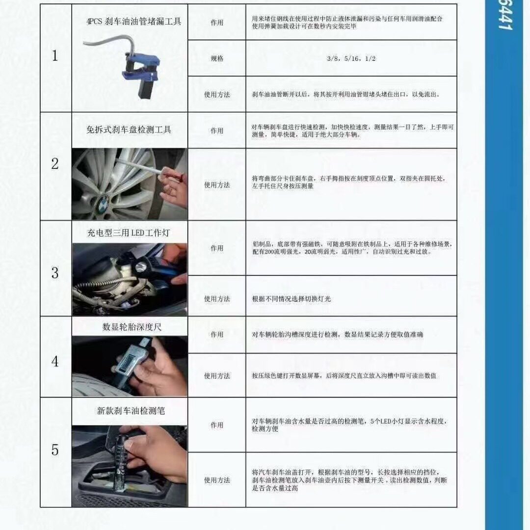 刹车片拆装检测保养工具刹车卡钳套筒扭力扳手胎纹尺 充电工作灯图片