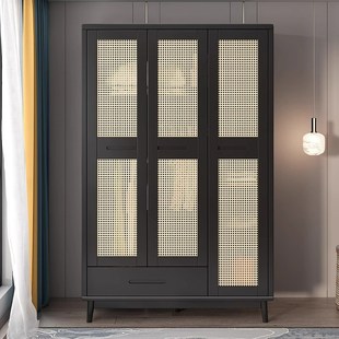 实木藤编衣柜中古三门带抽屉衣橱小户型卧室组装日式民宿黑色衣柜