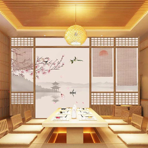 8d简约木格栅墙纸复古风日式餐厅包间茶室壁纸古朴素雅花鸟画墙布