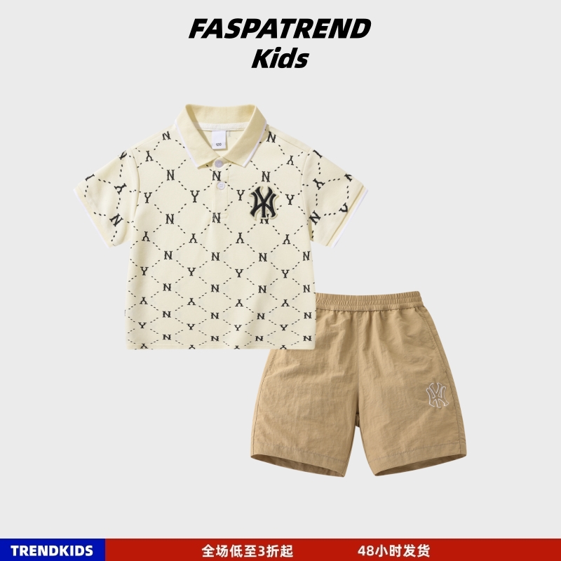 奥莱折扣夏季老花短袖纯棉polo衫速干轻薄短裤套装男女童装两件套