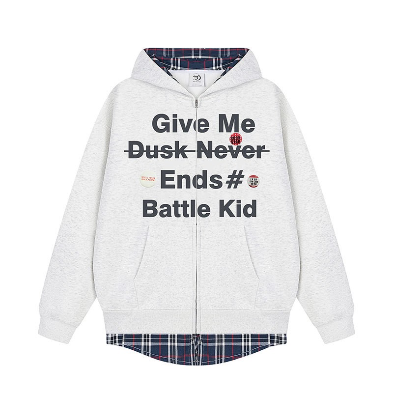 BKID美式复古假两件格子拼接连帽卫衣秋季国潮情侣街重磅帽衫外套