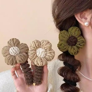 新年花朵神器电话线发圈编发毛线高级感女2024新款扎马尾发绳头饰
