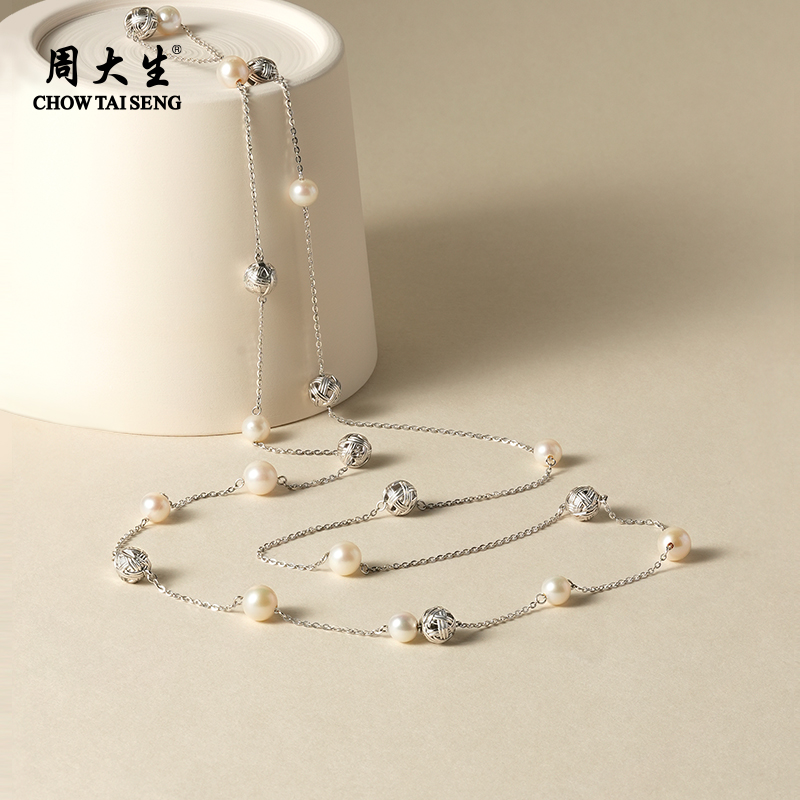 周大生多戴绵络珍珠毛衣链近圆强光淡水珍珠项链秋冬长款毛衣链