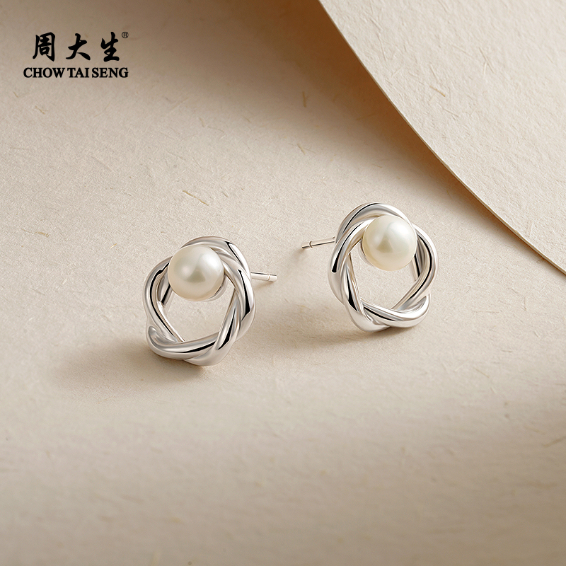 周大生麻花珍珠耳钉女