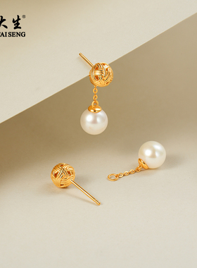 周大生绵络珍珠耳钉正圆强光淡水珍珠耳饰两戴款秋冬通勤耳环女款