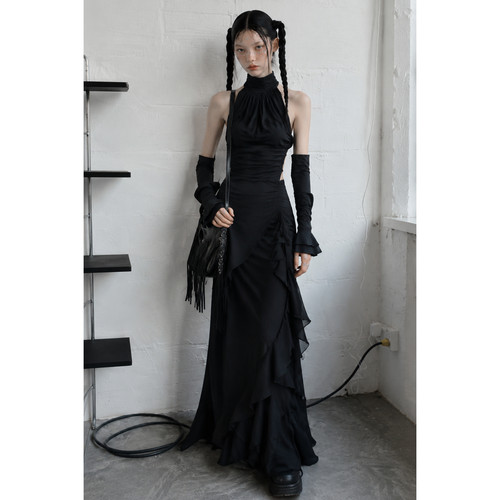 Goth Chic暗黑高领褶皱无袖上衣女设计感辣妹打底Top高级感黑色