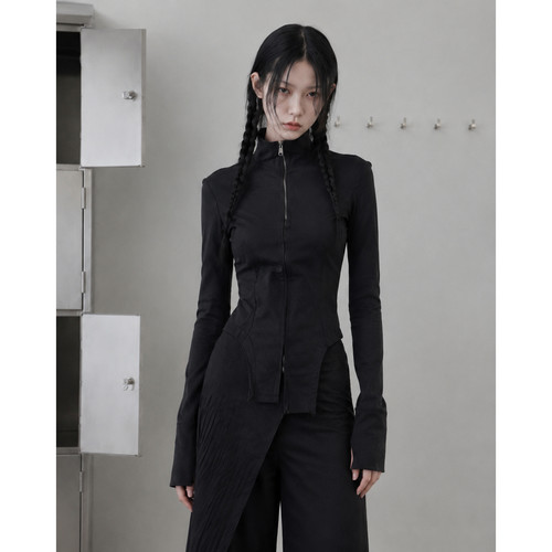 暗黑感立领修身上衣Futuristic Zip Top收腰拼接不对称机能亚文化