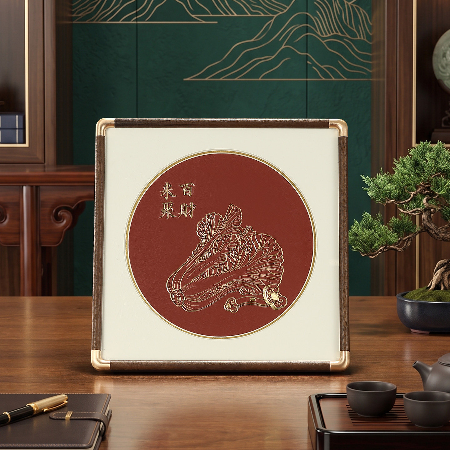 百财来聚手工铜雕画万里长城风景装饰画相框摆件客厅中式桌面礼品