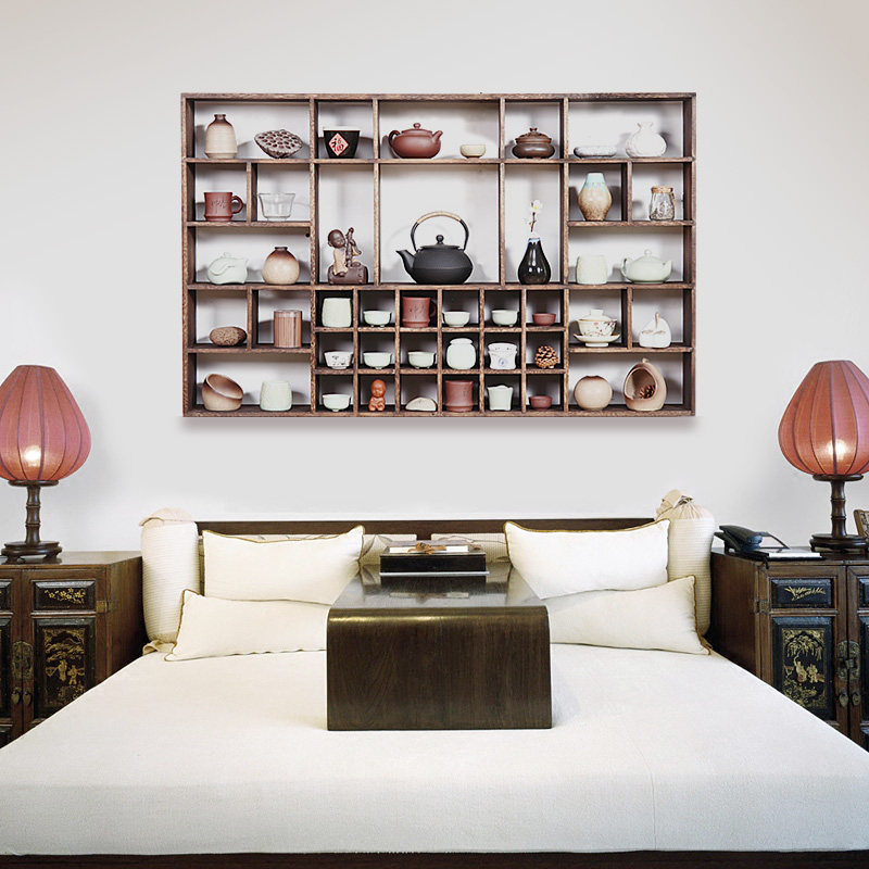 烧桐木博古架多宝阁实木中式壁挂式挂墙置物架壁挂墙茶具架格子架