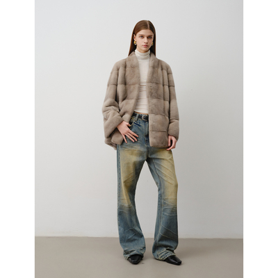 北欧传奇丨进口貂皮皮草小母貂整貂年轻款v领横排水貂外套女25冬